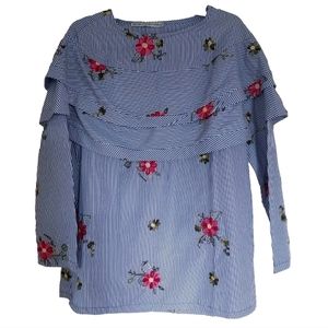 Womens  Blue White Stripe Floral Blouse ruffle shoulder blouse gorgeous! SizeSM